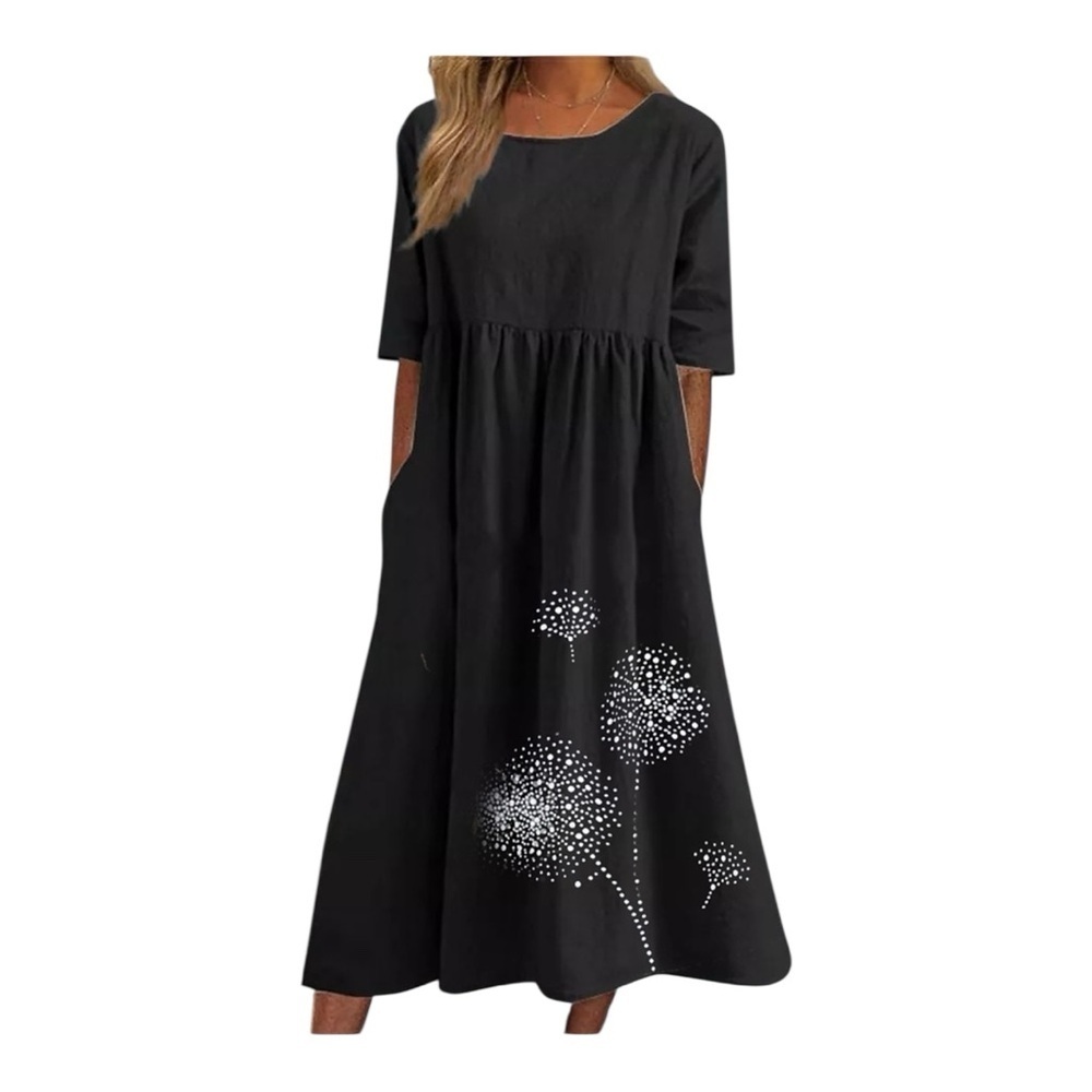 Elegant Black Maxi Dress with Dandelion Print Size Small